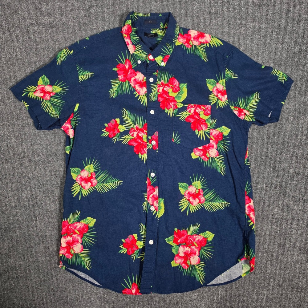 J.Crew Mens Slim Fit Cotton Linen Hibiscus Floral Shirt Navy Blue L E8666
